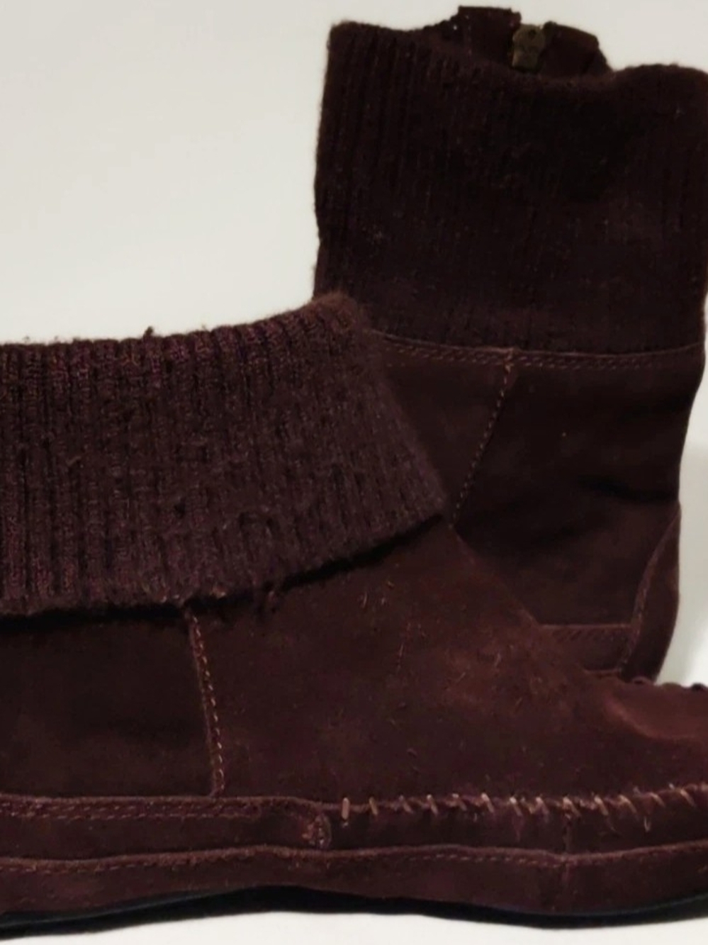 MINNETONKA Womens 6.5 Brown Suede Leather Sweater Knit Foldover Zip Booties